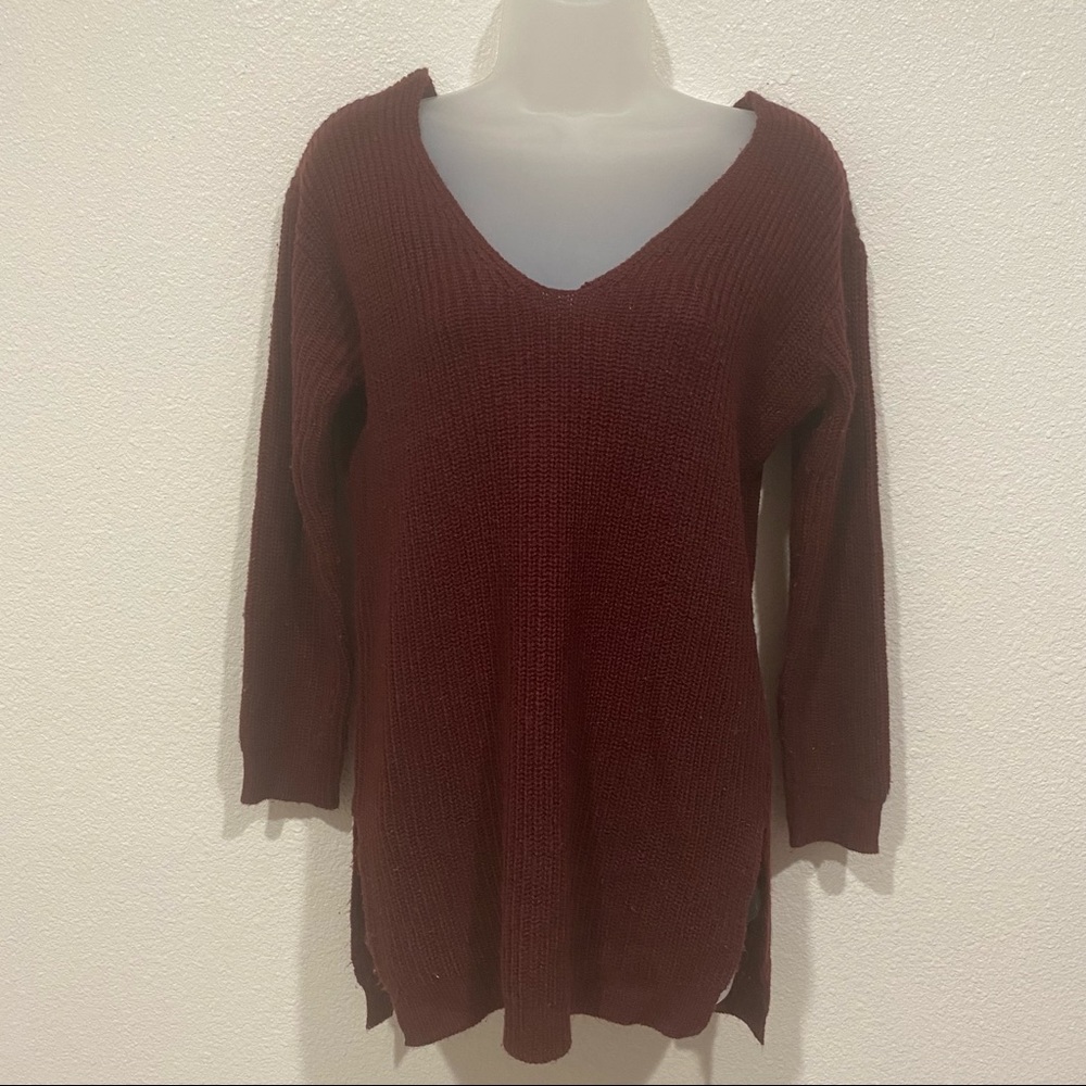 maroon burgundy red knit lace up oversized v neck sweater long sleeve top shirt